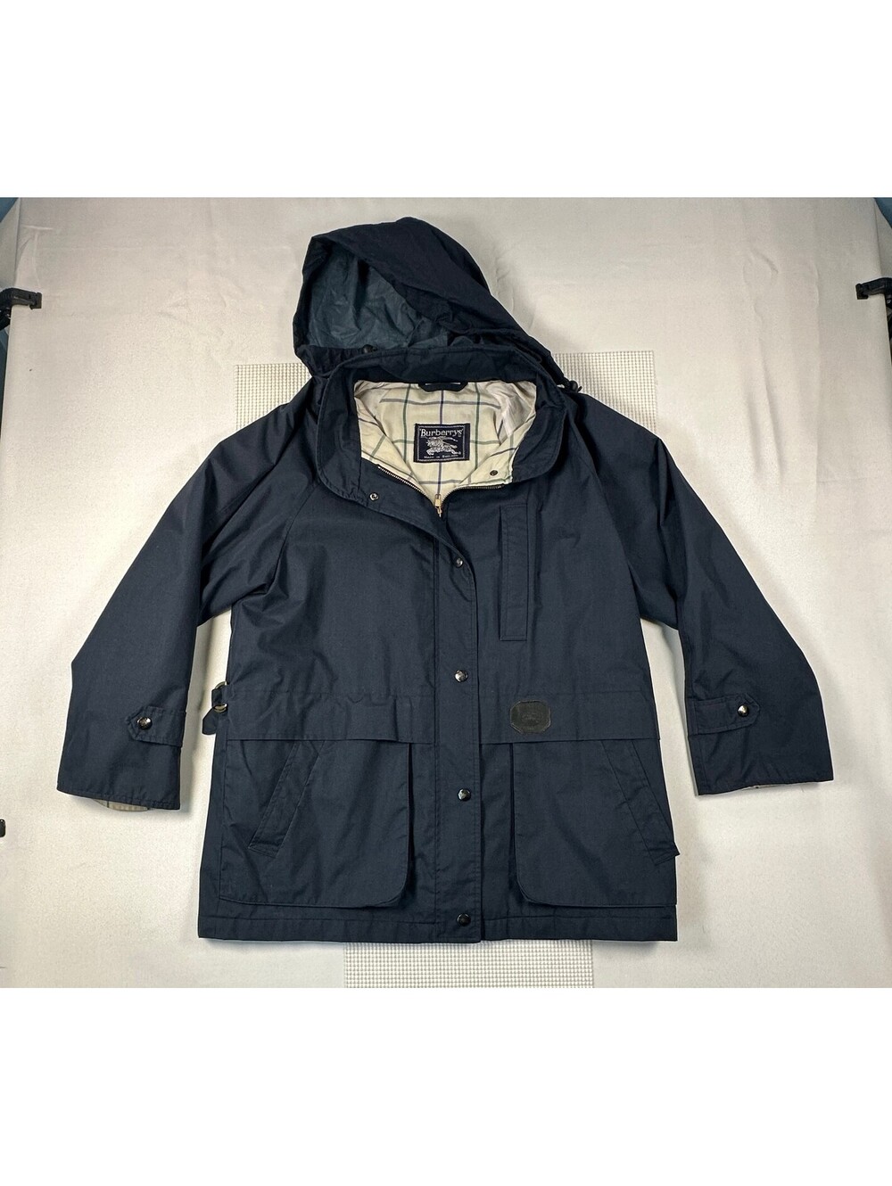 Vtg Burberrys Hooded Field Jacket Navy Blue Plaid Lined Coat Made in England L